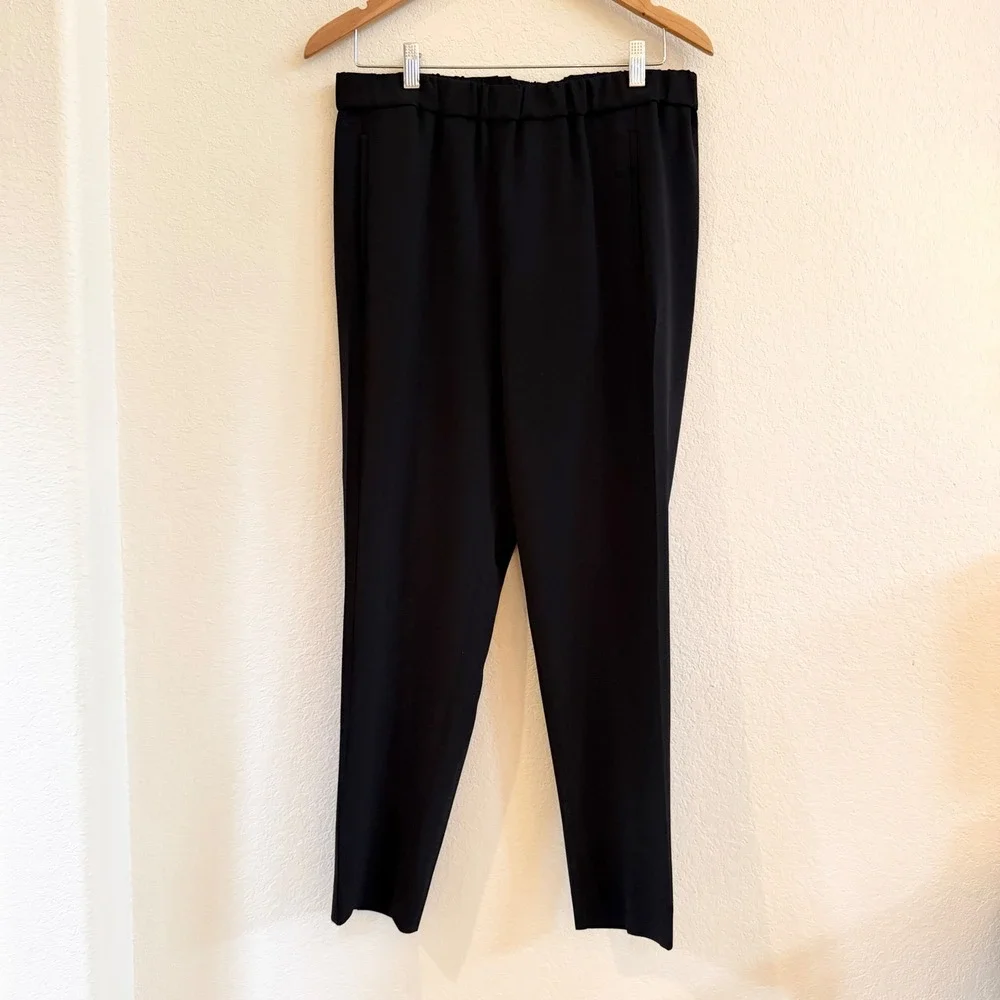 Theory Thorene Admiral Crepe Tapered Dress Pants Black Elastic Waist Size L
